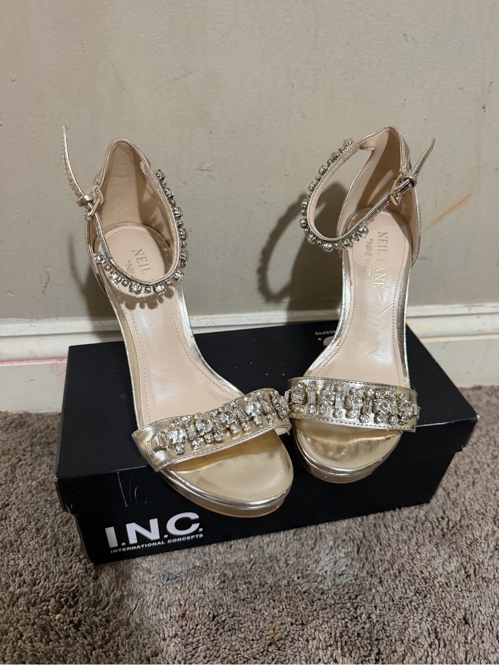 Nine West Gold Jeweled Ankle Strap Heels